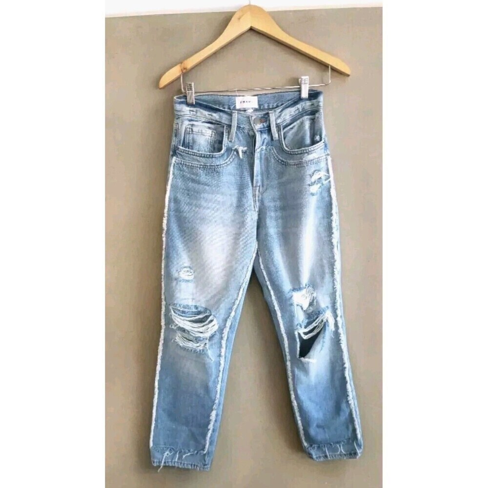 Frame Side Fringe Jeans Blue Light Wash Distressed Button Fly Size 25 - Picture 1 of 10